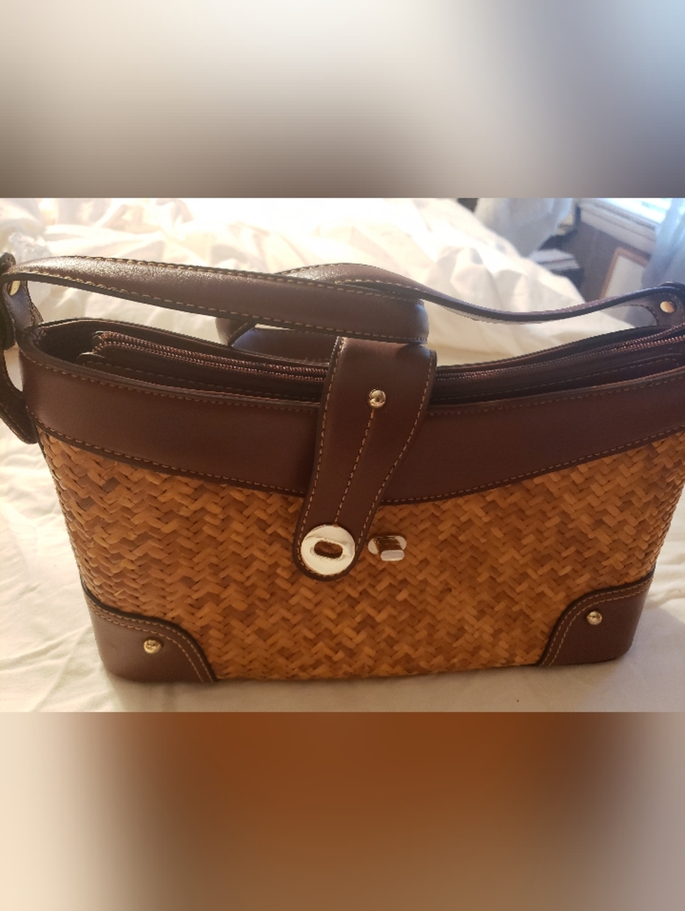 Etienne Aigner Woven Straw  Shoulder Bag with Dark Brown Trim, Like New
